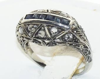 Antique 18K White Gold Diamond Sapphire Art Nouveau Deco Filigree Ring C.1910-20