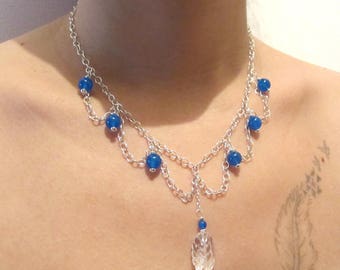 Leaf necklace in 925 Silver Blue agate and rock crystal