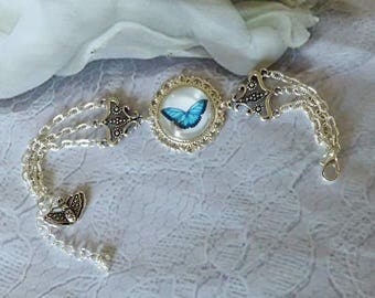 Bracelet with blue morpho butterfly "LauraArt" cabochon