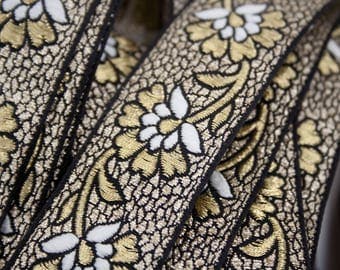 Ribbon Jacquard Floral black white gold 3 cm x 1 m
