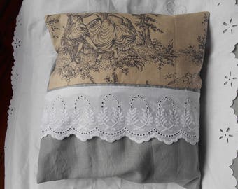 English 1 French toile and embroidery pillow cover