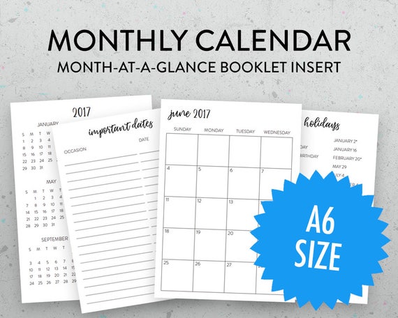 Items similar to A6 Monthly Calendar Printable Traveler's Notebook ...