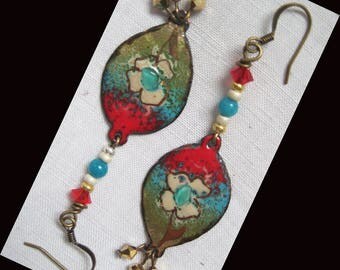 Bronze, copper enameled metal earrings...