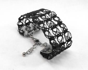 Lace Cuff Bracelet - black - crochet semi rigid