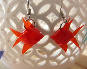 Woven red paper origami fish earrings