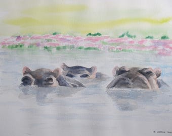 Watercolor of three hippos in the water