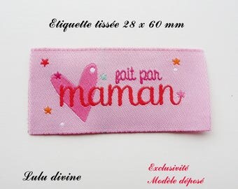 Woven - label made by MOM - 28 x 60 mm, pink heart