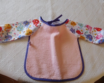 SALE 10%. Fabric 6-12 months long sleeve bib Terry cloth and cotton elephant print.