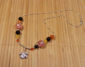 Trendy yellow and orange agate with butterfly and chain necklace 925 sterling silver balls