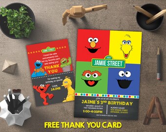 Sesame Street Invitation, Sesame Street Birthday, Sesame Street Invites, Sesame Street Party Printables, FREE 4x6 Thank You Card