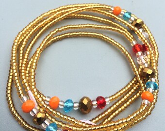 African waist beads. Custom fit. Yellow, topaz, orange, blue and crystal beads