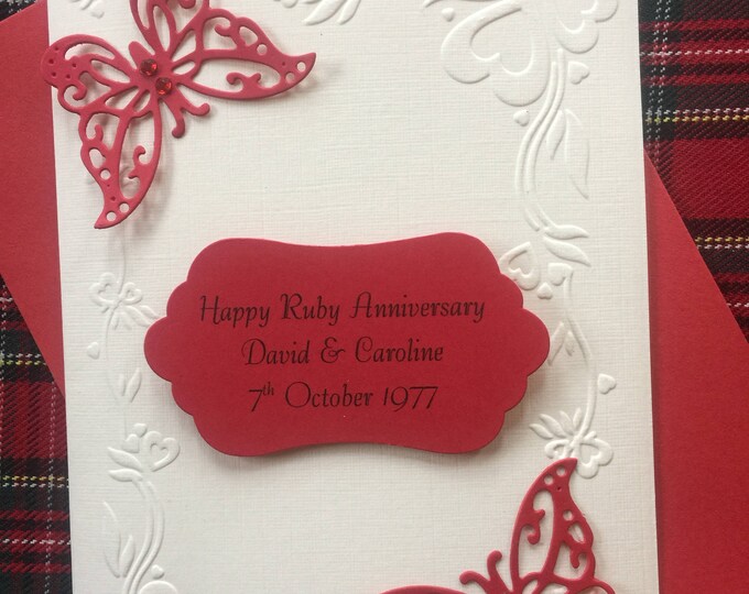 Handmade and Personalised Embossed 3D  Ruby Wedding Anniversary card (40th) Hearts and Butterflies