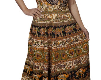 Jungle Love Elephant Print Cotton Sundress Sleeveless Handloom Comfy Gypsy Maxi Dress M/L