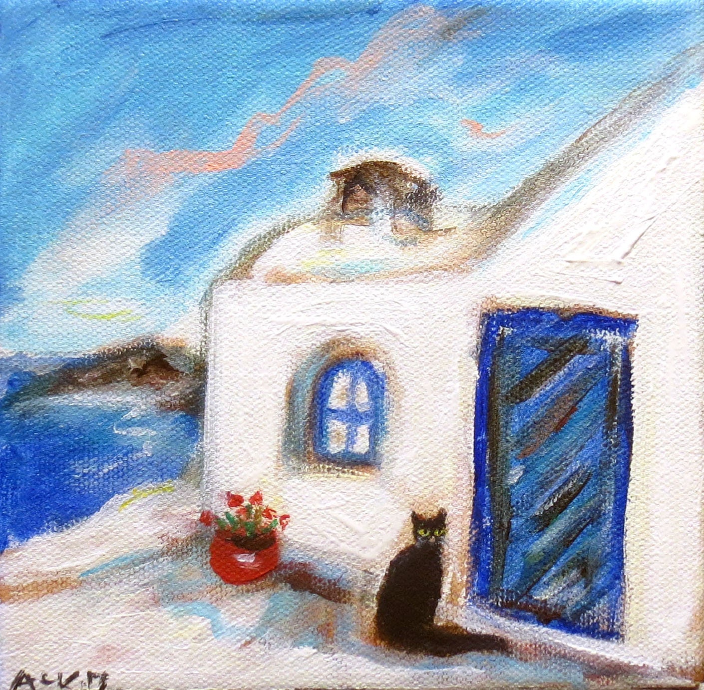 Greek Island Black Cat Santorini Greece Acrylic original cat