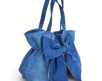 Recycled bow bag , jean purse , recycled denim bow bag , blue handbag , Vegan bag , Top handle bag , Upcycled clothing , girls fashion bag