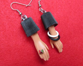 Upcycled Barbie Hand Bottle Cap Earrings -silver colored ring with black and white bangles