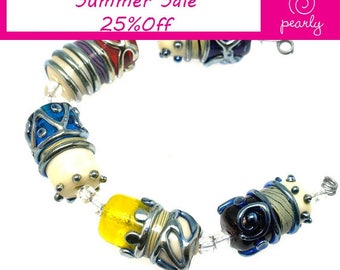 Pearly (5) metallic barrel lampwork beads with metallic stringers SRA Made to order