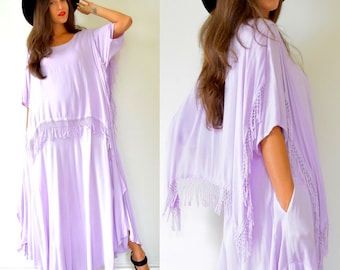 SUMMER SALE/ 30% off Vintage 70s Lilac Purple Moroccan Fringe Free Size Tent Dress