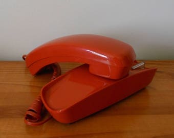 Vintage 70s Orange Push Button Trimline Phone, 1970s Wall Mount Desk Top Telephone, Made By Western Electric