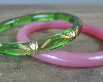 2 Vintage Glass Bangle Bracelets, Etched Gold on Green and Pink