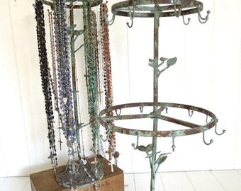 STOREWIDE SALE CLEARANCE 2 layer tall french rustic bird jewelry stand with 21 hooks - distressed vintaged green