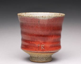 handmade pottery cup, ceramic teacup, yunomi with bright red and green celadon glazes