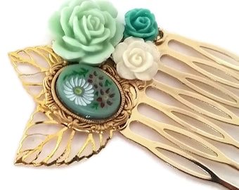 Green Flower Cameo Hair Comb-Fashion Accessory-Golden Hair Comb-Wedding Comb-Bridal Hair-Victorian Regency-Mint Green Rose-Floral Hair Comb
