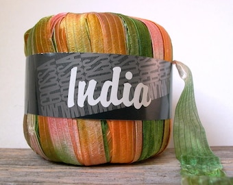 lana grossa india ribbon yarn . melon patch 12 . italian ribbon yarn . 60yd 55m . cantaloupe orange peach honeydew green wide ribbon yarn