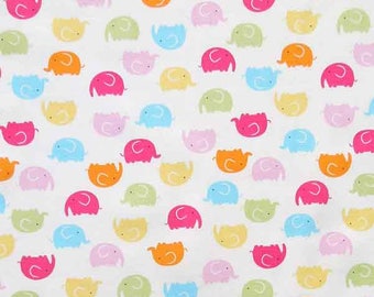 Baby White Elephant Cotton Fabric by Rose & Hubble, Child's Coloured Elephants on White Cotton Fabric