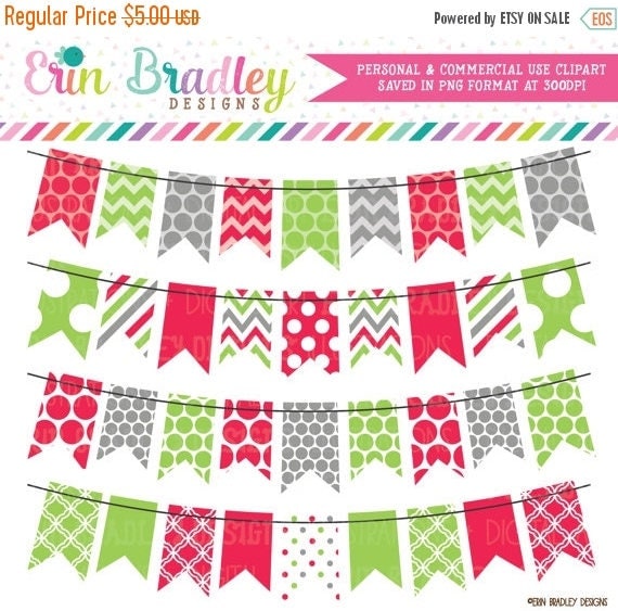 80% OFF SALE Holiday Red Green and Gray Bunting Banner Flag Clipart Clip Art Set Personal & Commercial Use Il_570xn