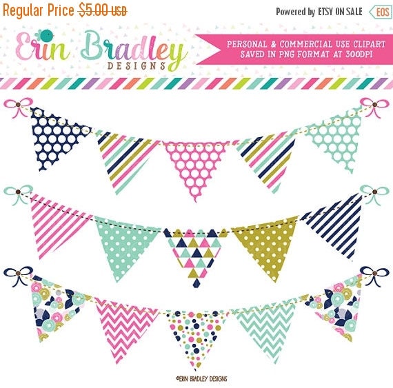 80% OFF SALE Pink Blue and Gold Bunting Clipart Set Personal