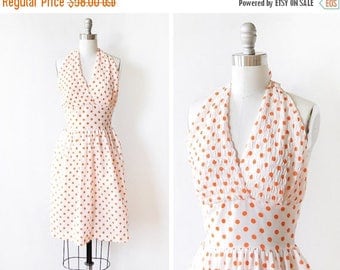 20% OFF SALE polka dot halter dress, vintage 60s dress, white and orange polka dot dress, extra small xs