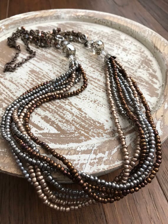 Multi Strand Beaded Necklace Long Mixed Metal Necklace