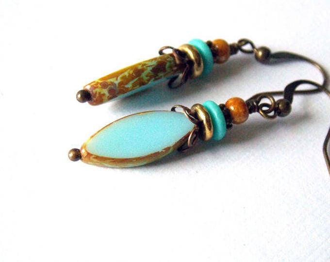 Bohemian Czech Glass Earrings Turquoise Blue Brass Beachy Boho Earrings Picasso Textured Drop Spindle Jewelry Rustic Woodland Earrings