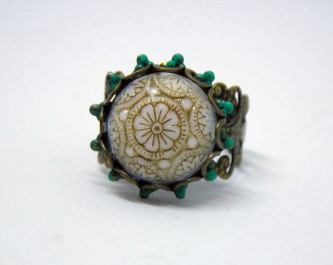 Ornate Etched Ring Vintage Ivory Cream Gold Lucite Cabochon Patina Brass Adjustable Ring Gift Jewelry