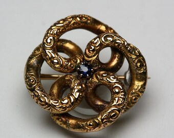 Antique Love Knot Brooch - Yellow Gold - Blue Stone