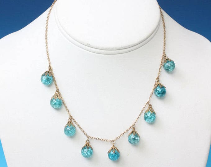 Turquoise Aqua Crackle Glass Bead Necklace Dangles Vintage