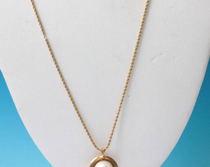 Faux Pearl Pendant Necklace Modernist Orb Signed Napier Gold Tone Chain Vintage