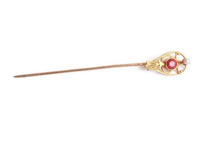 10K Gold Stickpin Simulated Ruby and Seed Pearl Victorian Pin