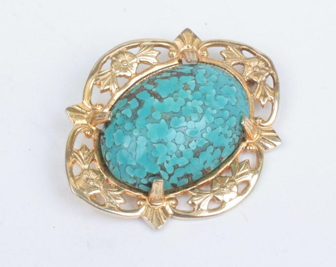 Turquoise Art Glass Cabochon Brooch Floral Gold Tone Setting Vintage