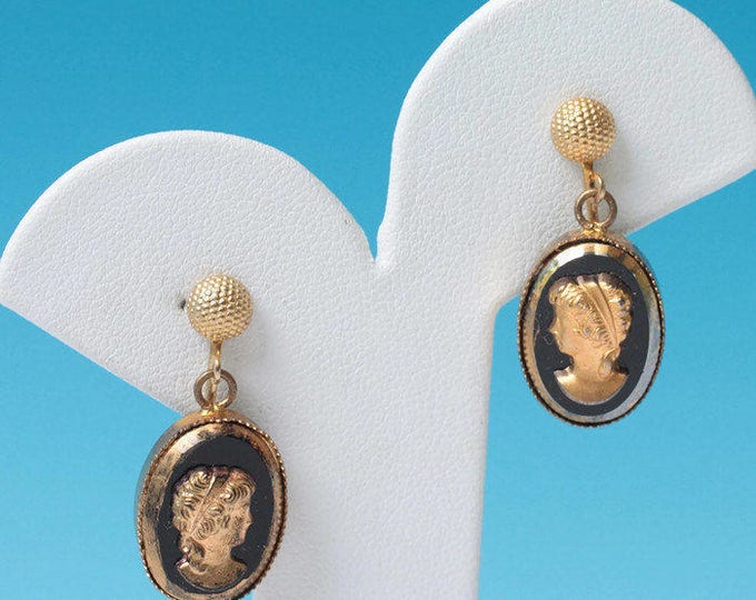 Gold and Black Cameo Earrings Dangle Adjustable Clip Vintage