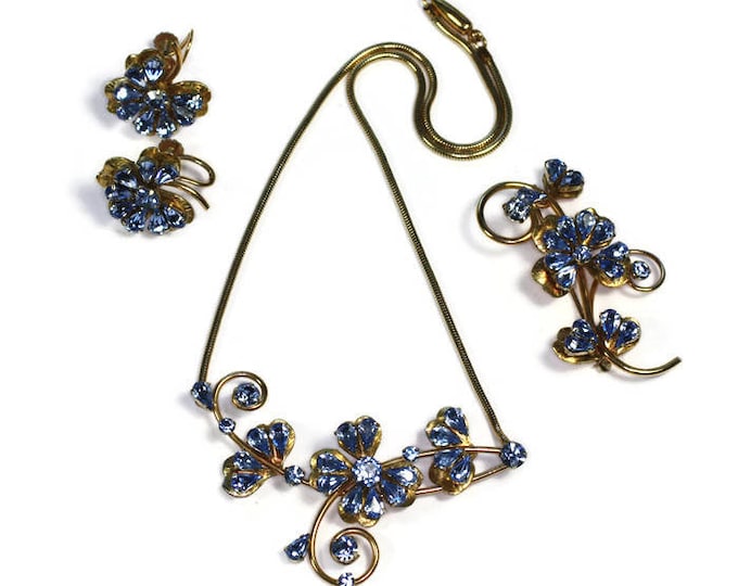Krementz Necklace Earrings Brooch Blue Stones Original Box Vintage