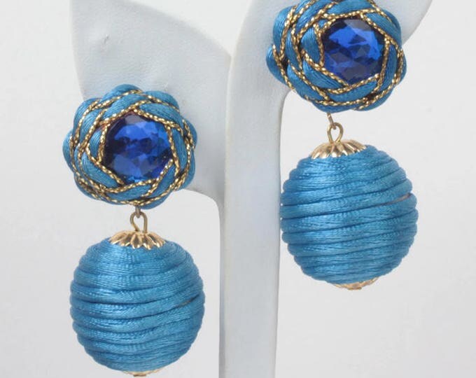 Blue Ball Dangle Earrings Cord Wrapped Handmade Large Statement Clip On Vintage