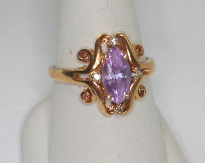 Amethyst Glass Ring Marquise Stone Fancy Setting Clear Accents Size 10 Vintage