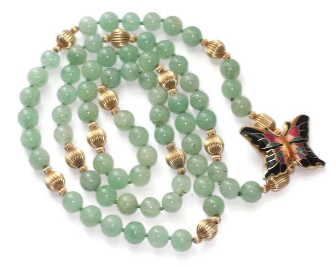 Green Aventurine Bead Necklace Cloisonne Butterfly Focal Gold Tone Beads Hand Knotted Vintage