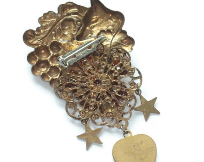 Victorian Revival Stamped Brass Brooch Repousse Fox Grape Leaves Heart and Star Dangles