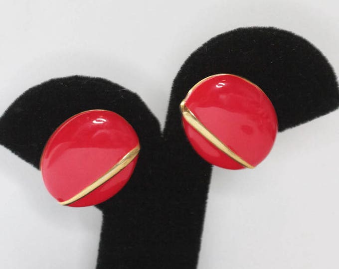 Red Enamel Earrings Gold Tone Accent Oval Shape Clip On Earrings