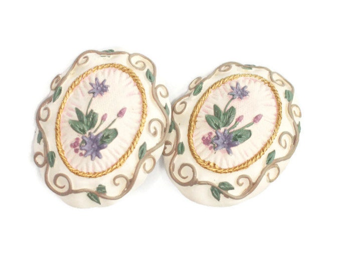 Applied Flower Design Earrings Ceramic Clip On Vintage Floral Springtime