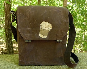 Espresso Vintage Czech Canvas Military Satchel ... Canvas Messenger Bag...Hand Painted Coffee Cup