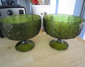 Avocado Green FTD Glass Compotes Maple Leaf Vases